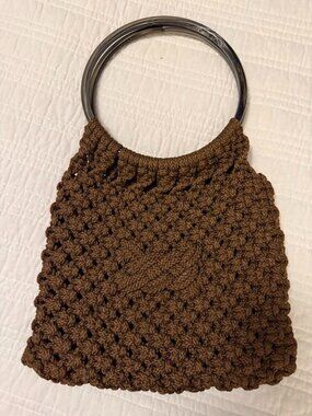 Vintage 70s Macrame Handbag Dark Brown Hoop Handles Know EUC